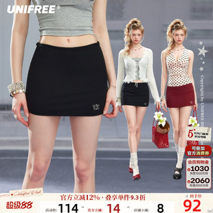 UNIFREE高腰包臀裙女弹力修身显瘦短裙酒红色A字裙夏季新款半身裙