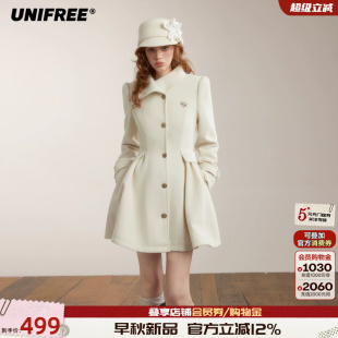 UNIFREE翻领中长款毛呢外套千金风修身显瘦抽褶冬季气质呢子大衣