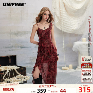 UNIFREE红色豹纹印花连衣裙女修身雪纺不规则荷叶边演唱会吊带裙