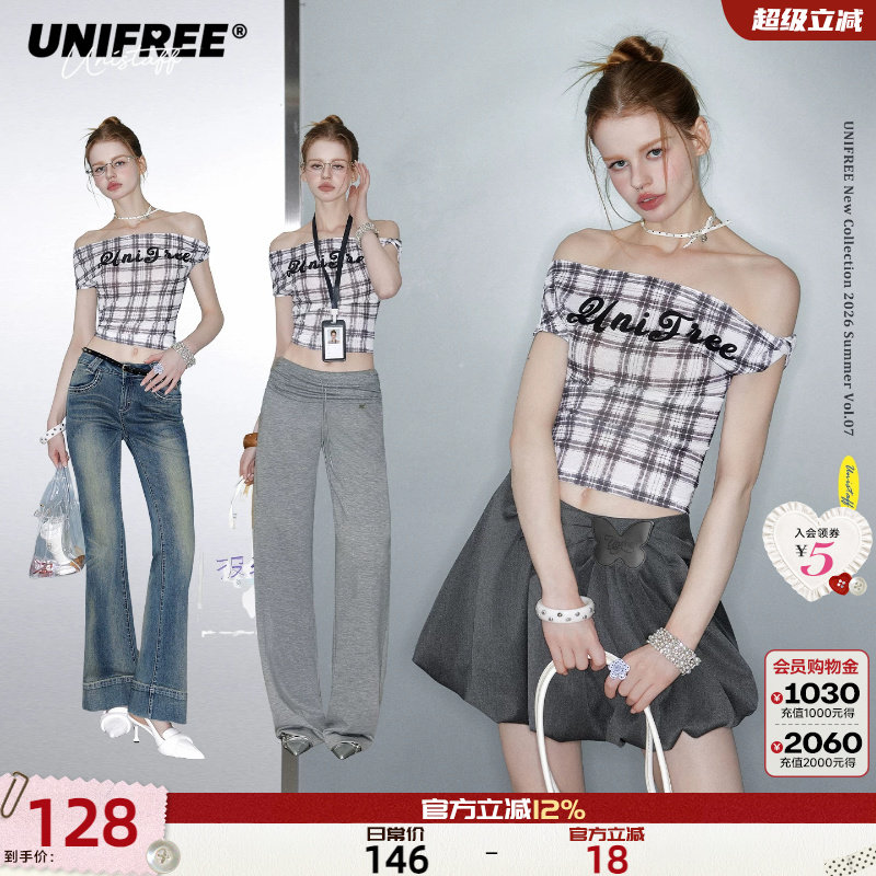 UNIFREE灰色格子一字肩露肩短袖T恤夏季新款显瘦修身雪纺短款