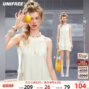 UNIFREE白色无袖连衣裙夏季新款气质宽松A字裙立体小花少女蓬蓬裙