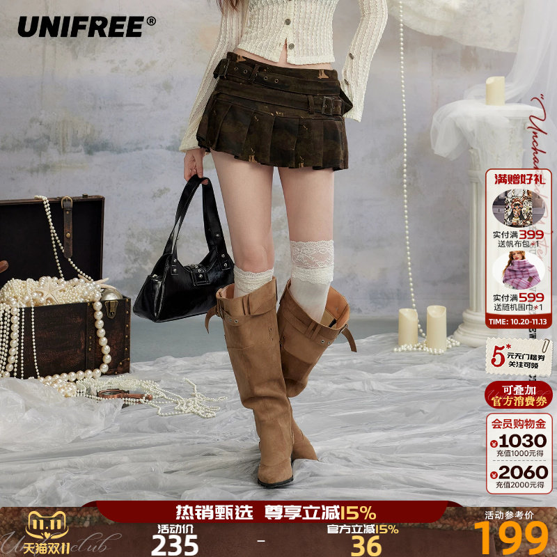 UNIFREE复古迷彩牛仔半身裙女夏季新款辣妹工装风A字版百褶裙