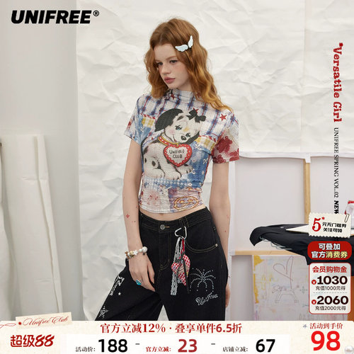 UNIFREE印花褶皱衫y2k多巴胺T恤