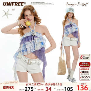 UNIFREE紫色碎花挂脖雪纺衫女多层不规则飘带设计短款抹胸小上衣