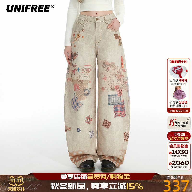 UNIFREE卡通印花碎花格纹拼贴牛仔裤女复古水洗直筒宽松阔腿长裤