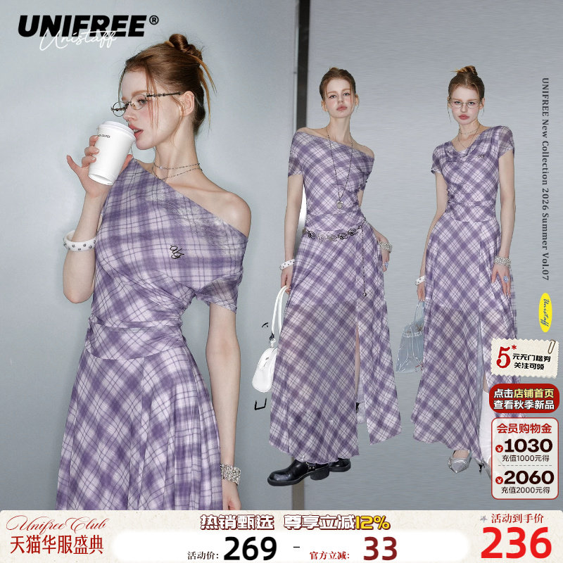 UNIFREE紫色格纹网纱斜肩连衣裙图片