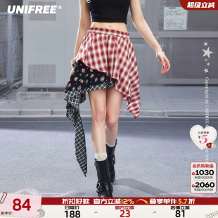 UNIFREE红色格子碎花拼接半身裙不规则女休闲高腰多层A字新款短裙