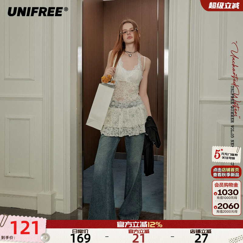UNIFREE白色蕾丝吊带上衣图片