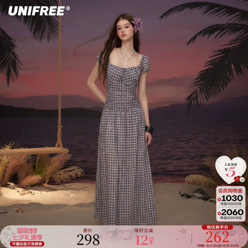 UNIFREE紫色复古格子短袖连衣裙
