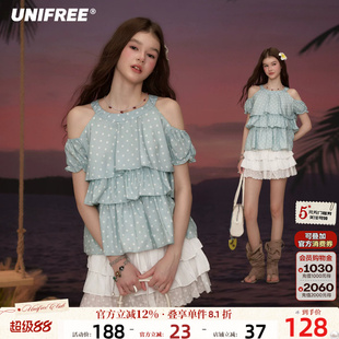 UNIFREE蓝色波点露肩荷叶边衬衫泡泡袖夏新款小清新宽松短款上衣