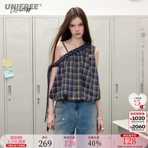 UNIFREE波点格纹拼接斜肩衬衫