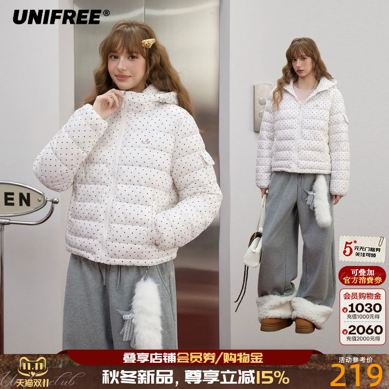 UNIFREE连帽排骨棉服波点轻薄可爱冬季宽松保暖防风休闲百搭外套