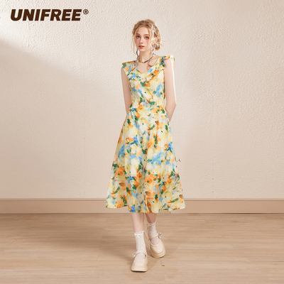 【UNIFREE】甜美连衣裙夏季新款碎花温柔风花边收腰气质度假长裙