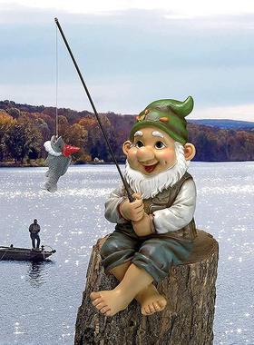 跨境钓鱼矮人悠闲白胡子老人侏儒钓鱼摆件家居庭院装饰品设计户外