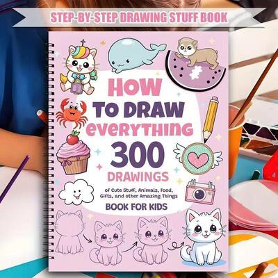 跨境新品300 Drawings of Cute Stuff 现货绘画动物食物涂色书