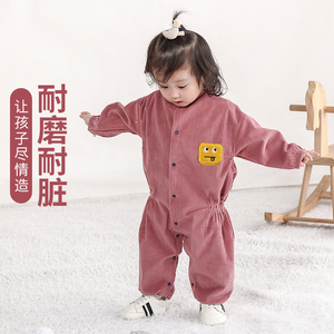 宝宝连体罩衣纯棉透气洋气爬爬服灯芯绒儿童全身防水婴幼儿套棉衣