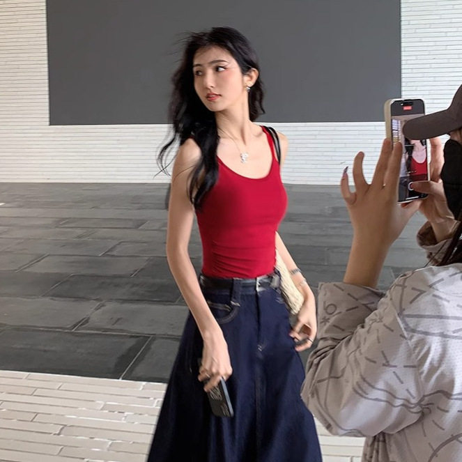 基础款红色吊带背心女带胸垫夏季背心吊带