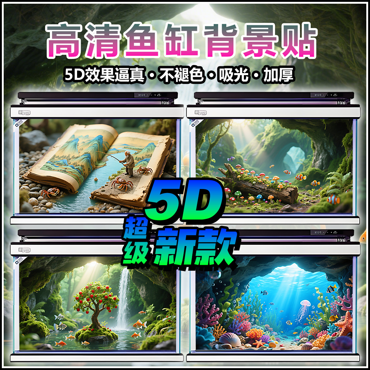 鱼缸背景贴纸5d立体AI水族造景海景海底定制超高清静电装饰画壁纸图片