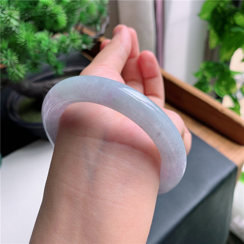 9月新品 55圈口冰糯种紫罗兰带绿圆条玉手镯女款正品4641HM2525