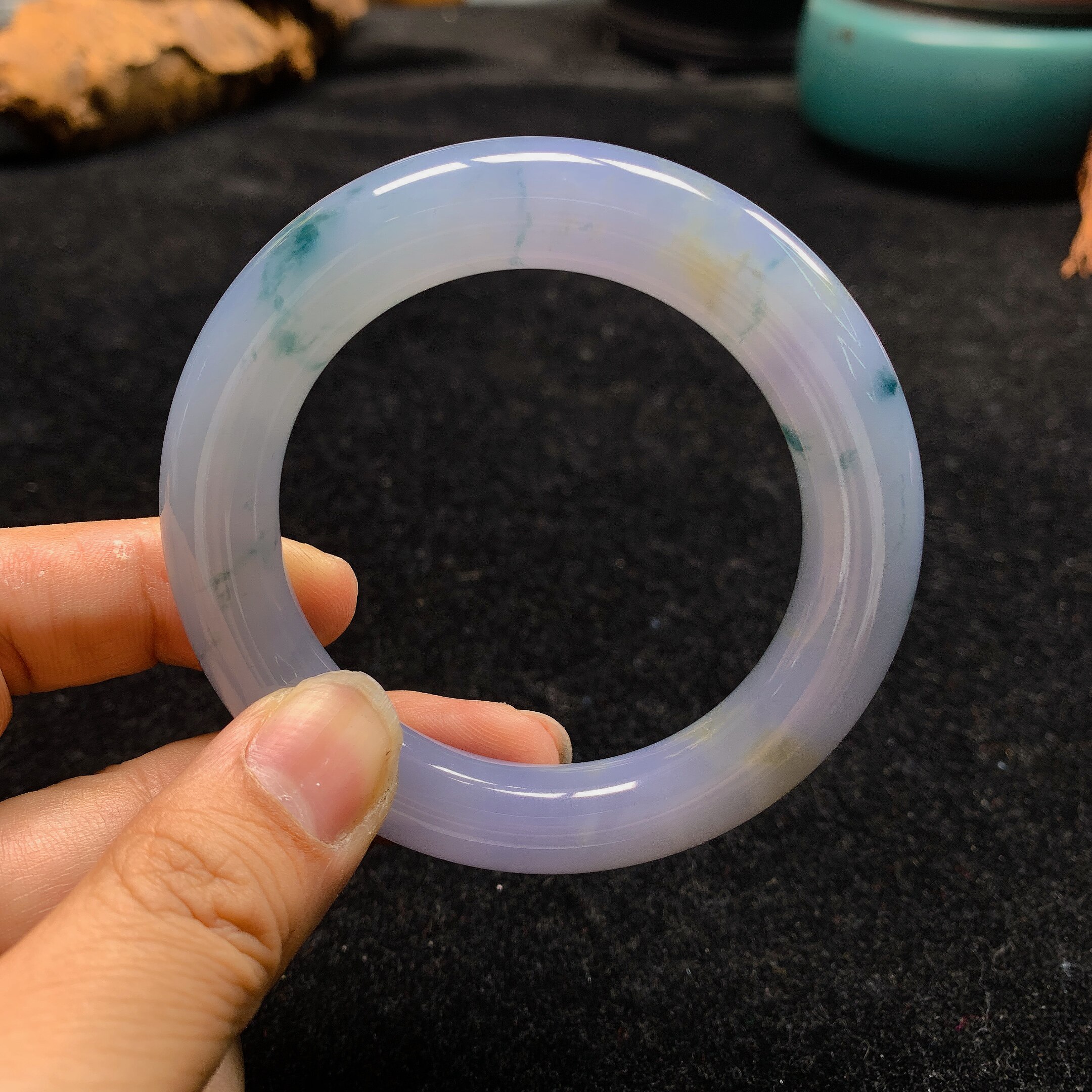 (已结缘欣赏)缅甸翡翠冰种紫飘花圆条55圈口手镯10Y41027