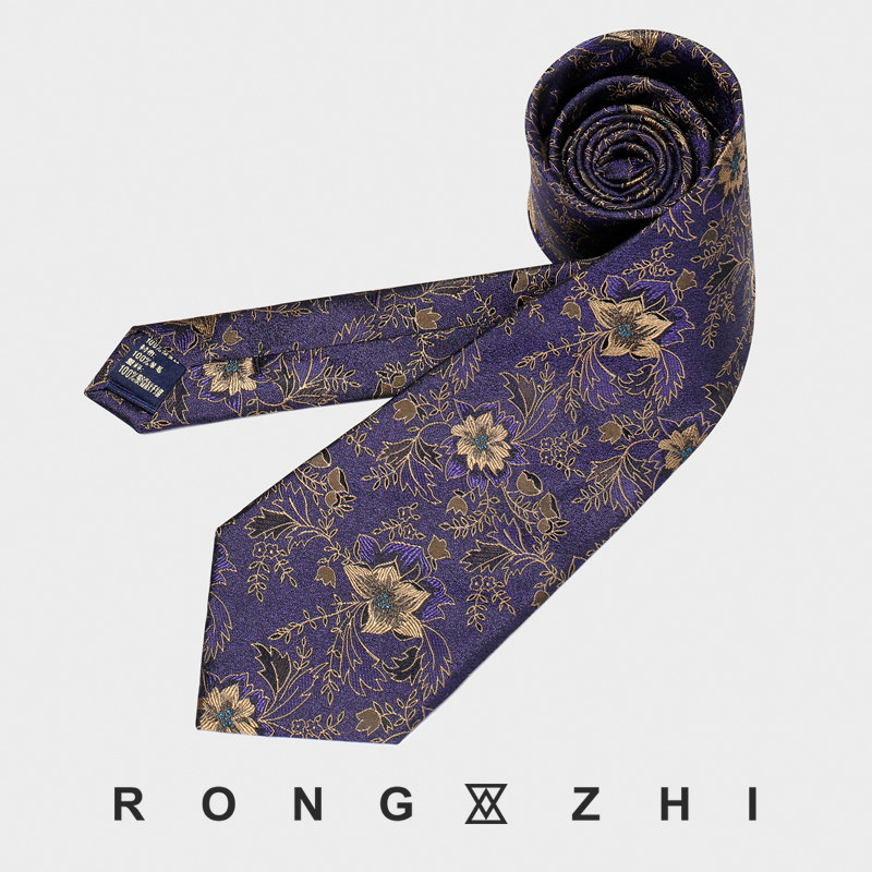 RONGZHI紫色真丝复古金色花纹领带男士高档设计感小众结婚新郎