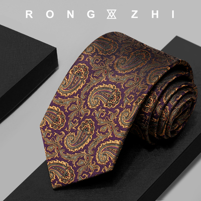 戎致金色刺绣真丝男士商务领带