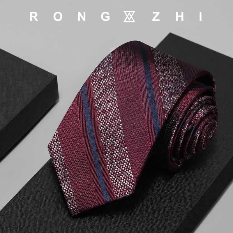 戎致RONGZHI 桑蚕丝领带男商务休闲正装酒红色条纹职业帅气工作潮