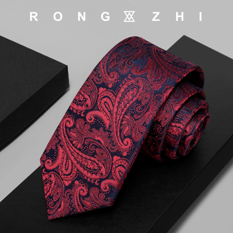 RONGZHI桑蚕丝酒红色复古花纹男士衬衫领带结婚新郎高档真丝配饰