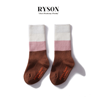 男女宝棕粉三色拼接长筒高筒袜子防滑潮袜 春季 RYSON婴儿童装 ins款