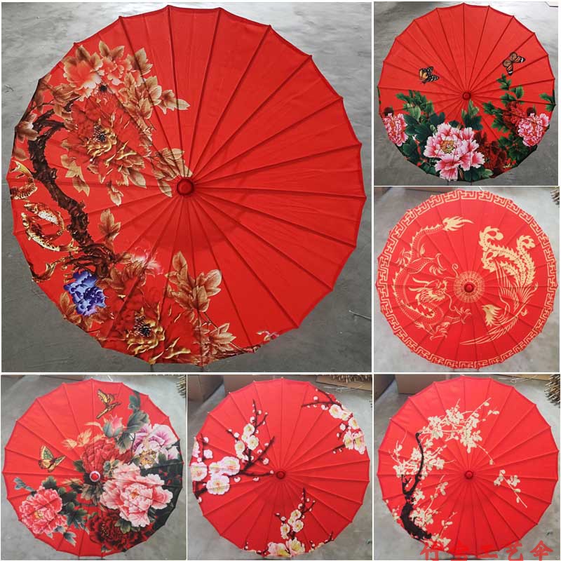 新款红色印花布伞舞蹈伞新娘伞外嫁女演出回娘家实心木杆印