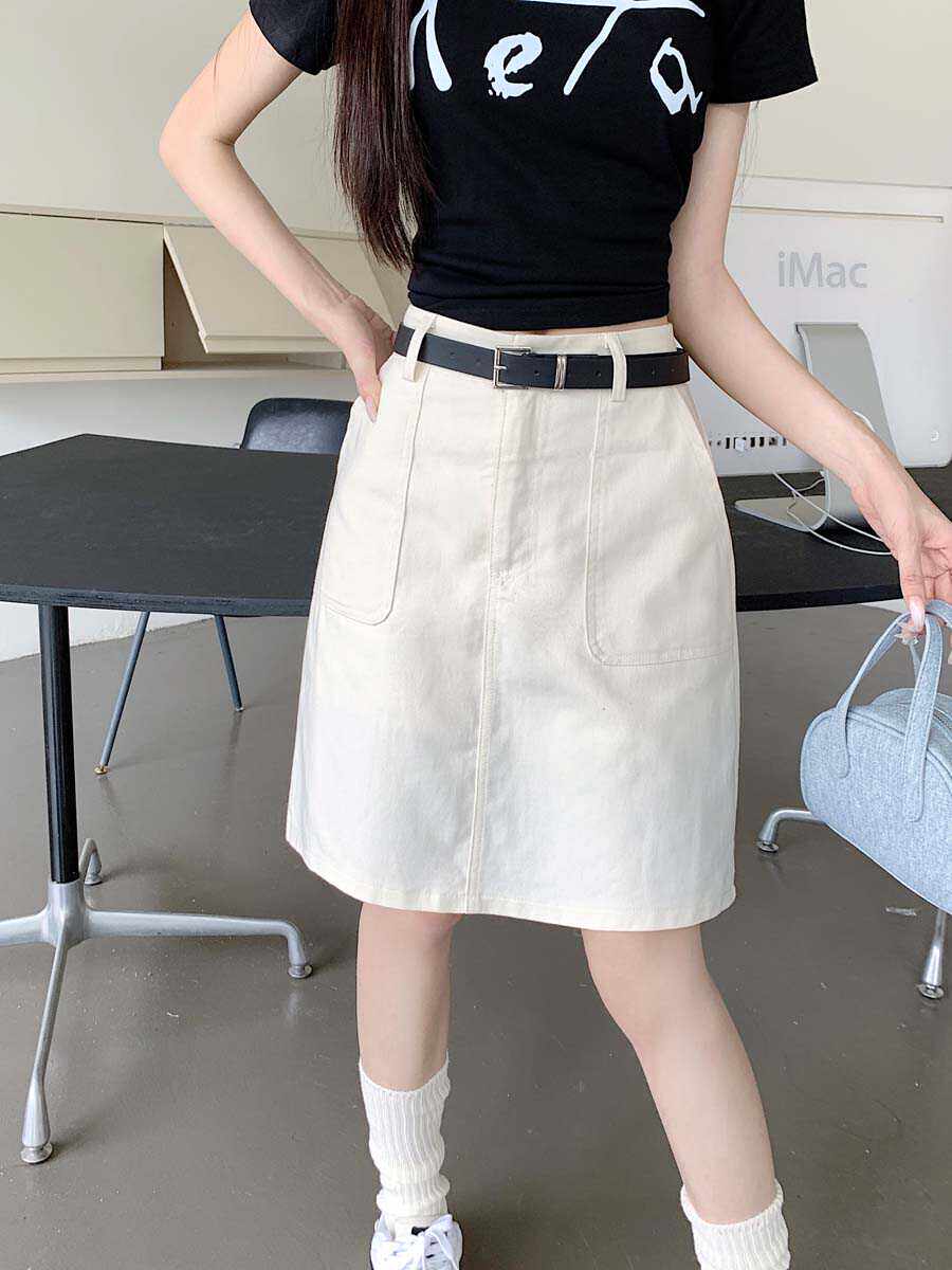 夏季高腰牛仔半身裙胖mm显瘦大口袋a字裙高个子加长短裙白色中裙