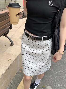 甜美少女范白色波点半身裙口袋