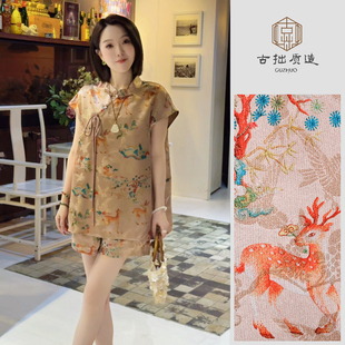 粉麋鹿!桑蚕丝织金红云纱新中式套装!GZ6040