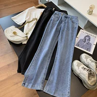 Джинсовые осенние темные цветные штаны, джинсы, высокая талия, свободный прямой крой