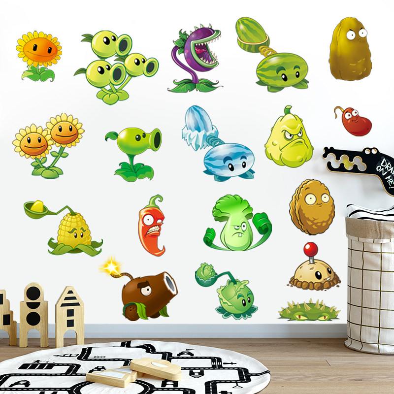 可爱植物大战僵尸卡通墙贴游戏漫画行李箱贴纸可移除防水壁画壁纸