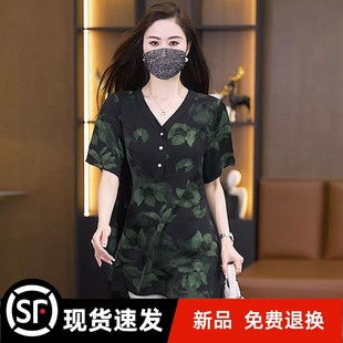 新款 雪紡襯衫 官方大碼 女2025夏季 遮肚中長款 短袖 上衣洋氣寬松時尚