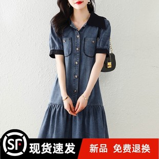 宽松显瘦短袖 官方高级感轻奢泡泡袖 胖MM时尚 牛仔连衣裙夏季 裙 新款
