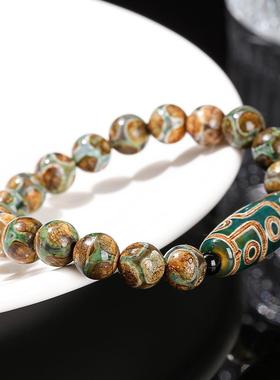 2026晶东珠宝 绿色九眼天珠长桶珠手链复古民族文玩单圈男女手饰