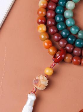 2026天然炭烧菩提根桶珠风化渐变多圈菩提青岩绿彩色多宝手链佛珠