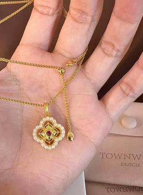 2026新中式国风红刚玉剪纸窗花珍珠项链轻奢高级感百搭