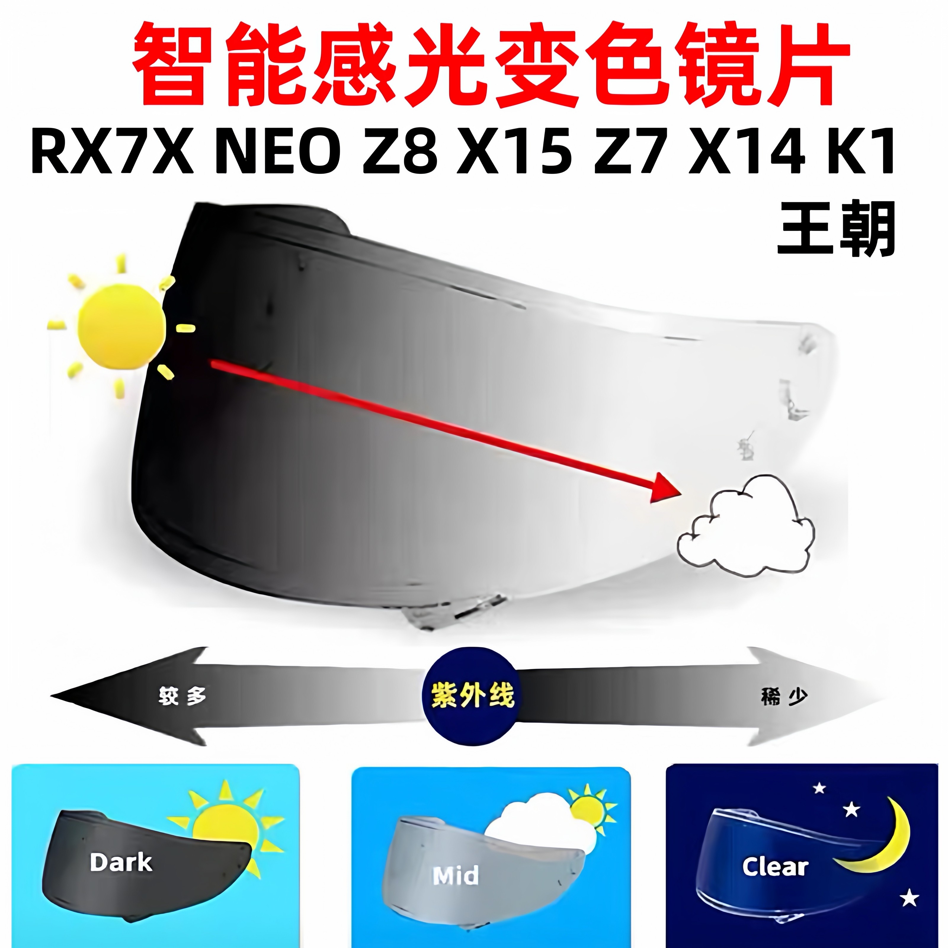 摩托车头盔变色镜片感光变色日夜通用shoeiZ8 X14RX7X k1王朝风镜