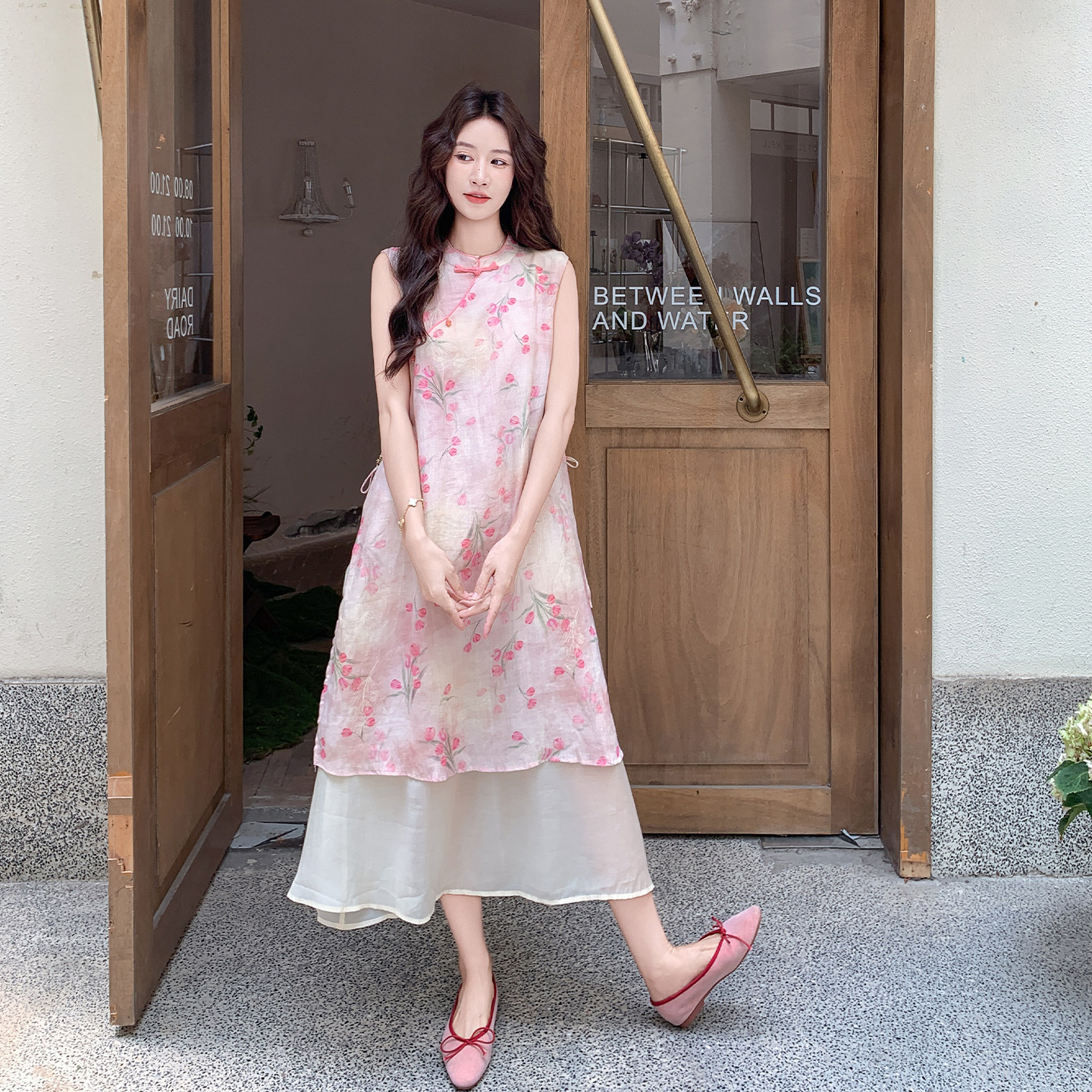 新款新中式无袖印花气质典雅温柔风甜美假两件拼接高腰女装连衣裙