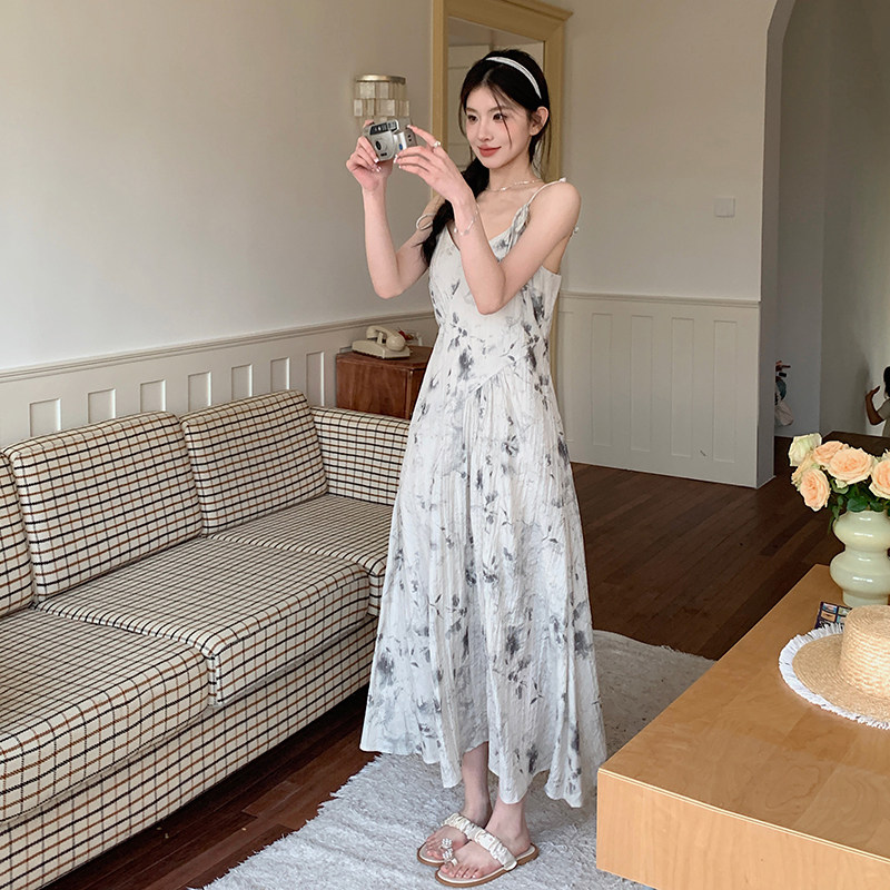 2026时尚中式休闲度假风无袖宽松女士水墨色印花吊带H廊形连衣裙