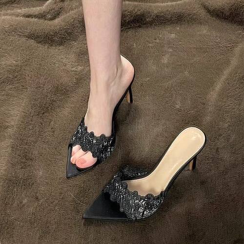 8CM~绝美气质御姐高跟凉拖鞋女黑色新款细跟露趾蕾丝一字拖凉鞋夏