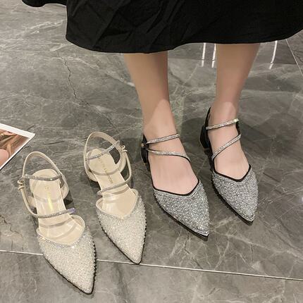 3CM~时尚一字扣带凉鞋女新款夏季时装水钻女粗跟仙女风包头女鞋潮