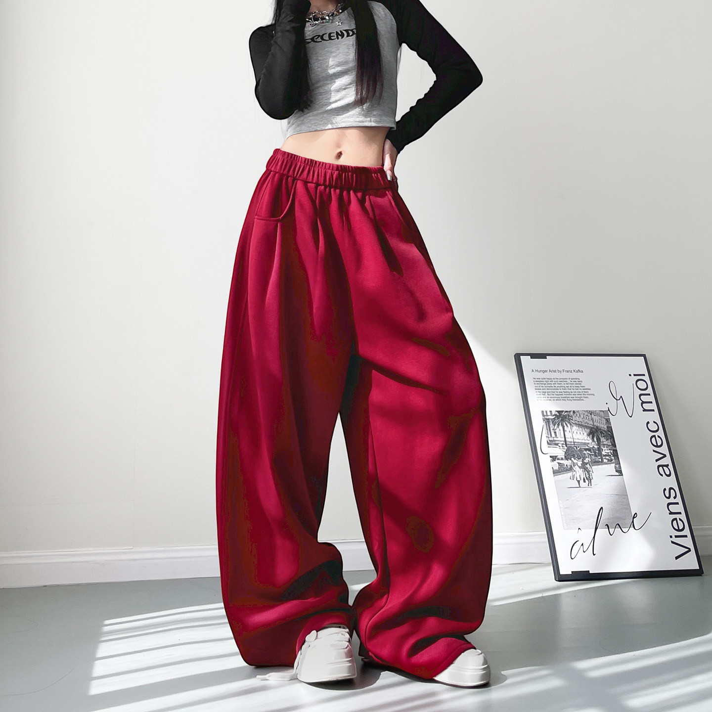 大码个性酷飒红色阔腿裤女2026春季新款胖mm显瘦宽松慵懒休闲卫裤,女装/女士精品,大码裤装,淘宝优惠券,粉丝福利购,淘宝优惠卷