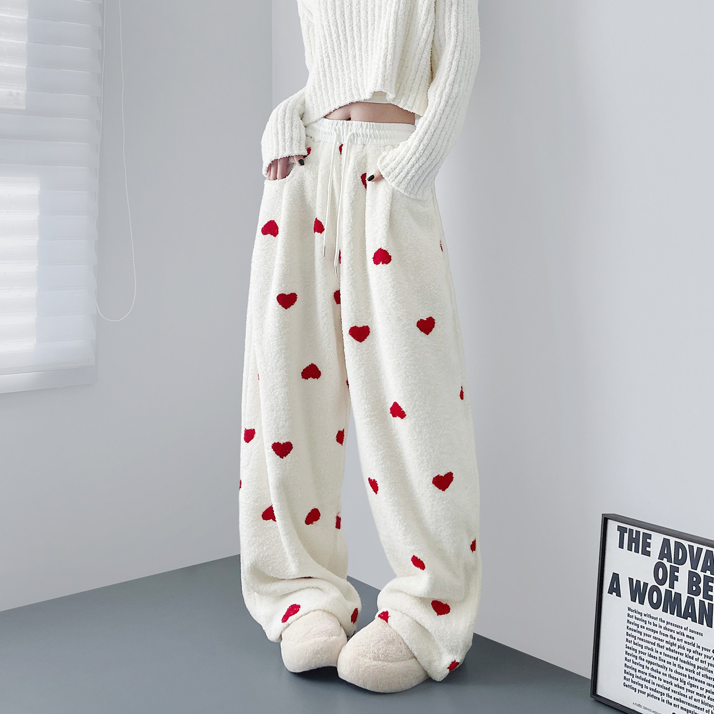 大码爱心印花羊羔毛软糯奶芙阔腿裤女冬季胖mm显瘦加绒保暖香蕉裤,女装/女士精品,大码裤装,淘宝优惠券,粉丝福利购,淘宝优惠卷