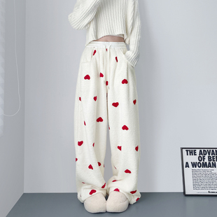 胖mm显瘦阔腿裤 加绒加厚保暖毛毛裤 爱心印花香蕉毛巾裤 女大码 冬季