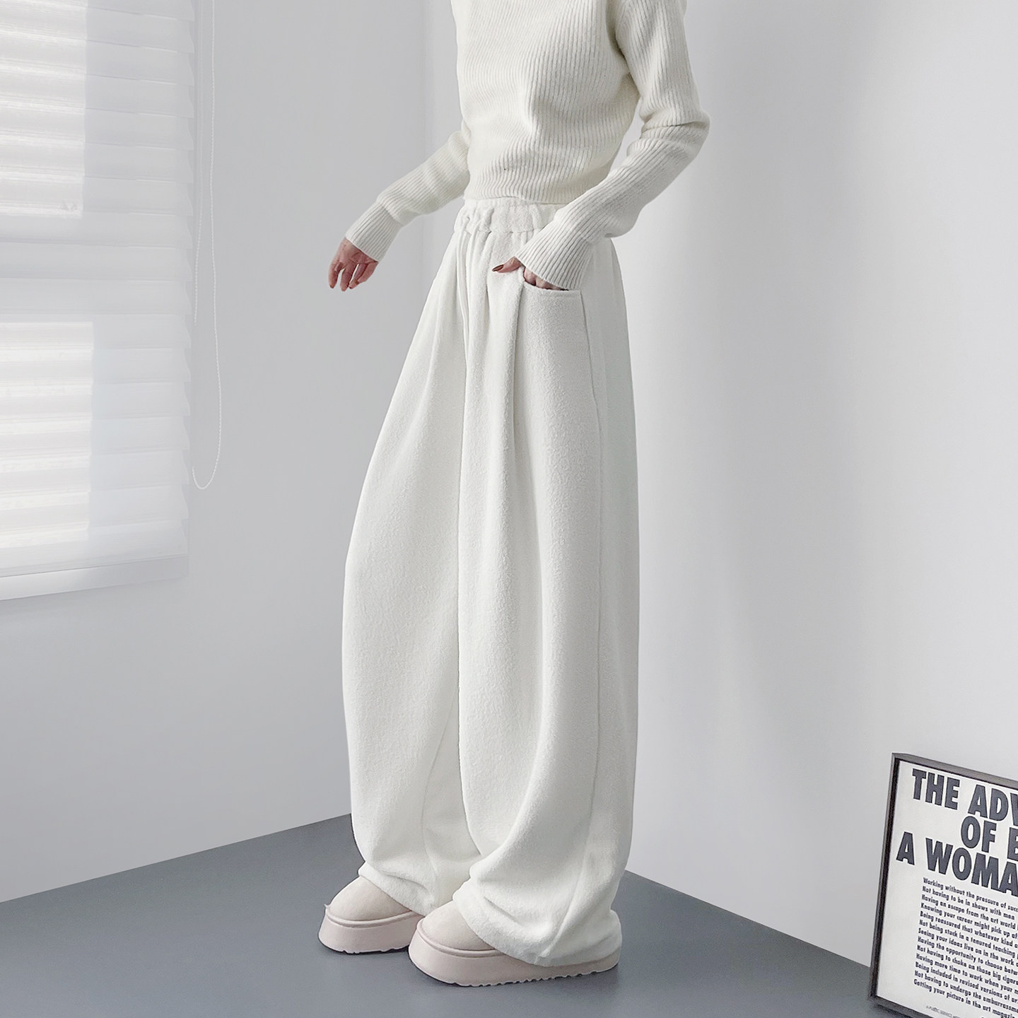 大码白色奶芙仿羊绒毛毛裤女早春新款胖mm显瘦宽松毛绒阔腿卫裤子,女装/女士精品,大码裤装,淘宝优惠券,粉丝福利购,淘宝优惠卷