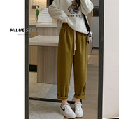 棕色胖mm休闲裤 女秋季 高腰显瘦遮肉哈伦裤 大码 宽松直筒阔腿长裤 子